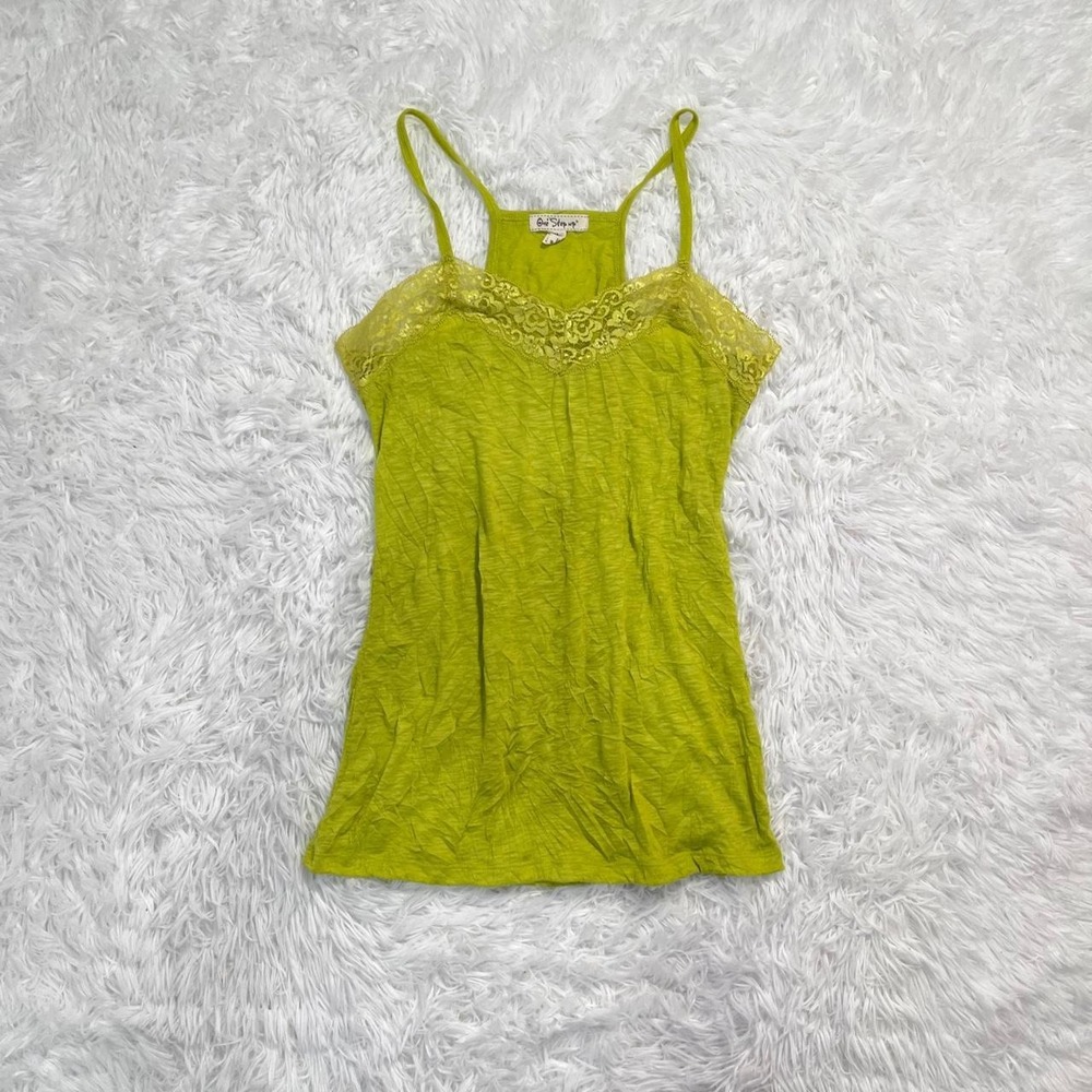 y2k neon lime green lace trim crinkle tank top medium